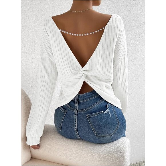 Women's Long Sleeve Open Back Top Knit V Neck Criss Cross Pullover - Picture 3 of 5